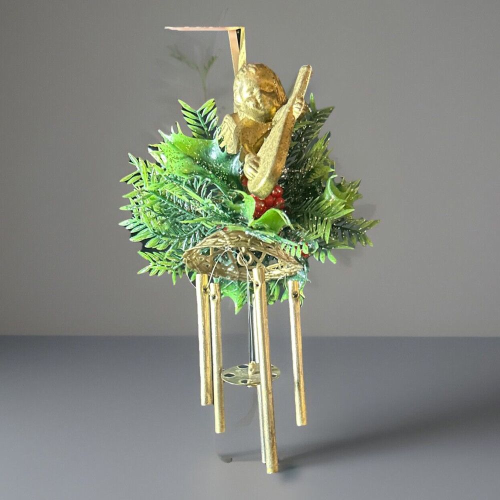 Vintage Christmas Wind chime Cherub Angel W/instrument Mistletoe Plastic Leaves